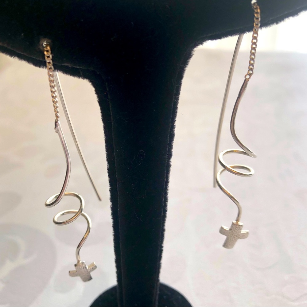 Silver Spiral Threader Earrings with Cross 🆕 Religious